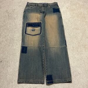 Enyce Y2K Baggy Skater Acid Washed Mixed Denim  Patched Jeans 36Wx33L